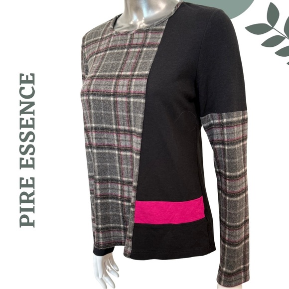 Mixed Media Tunic in Grey Black & Pink | Pure Essence | Plaid Colorblock Size XS - Picture 3 of 5
